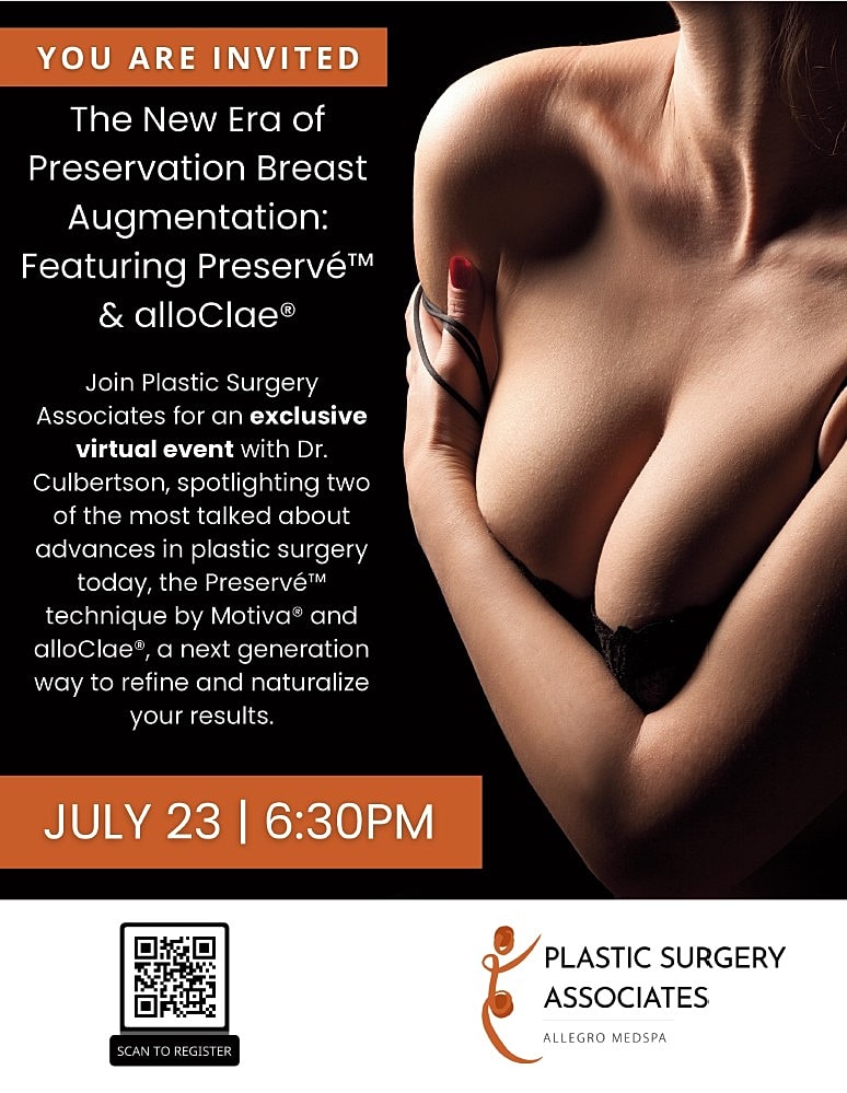 Virtual event on breast augmentation techniques invitation.